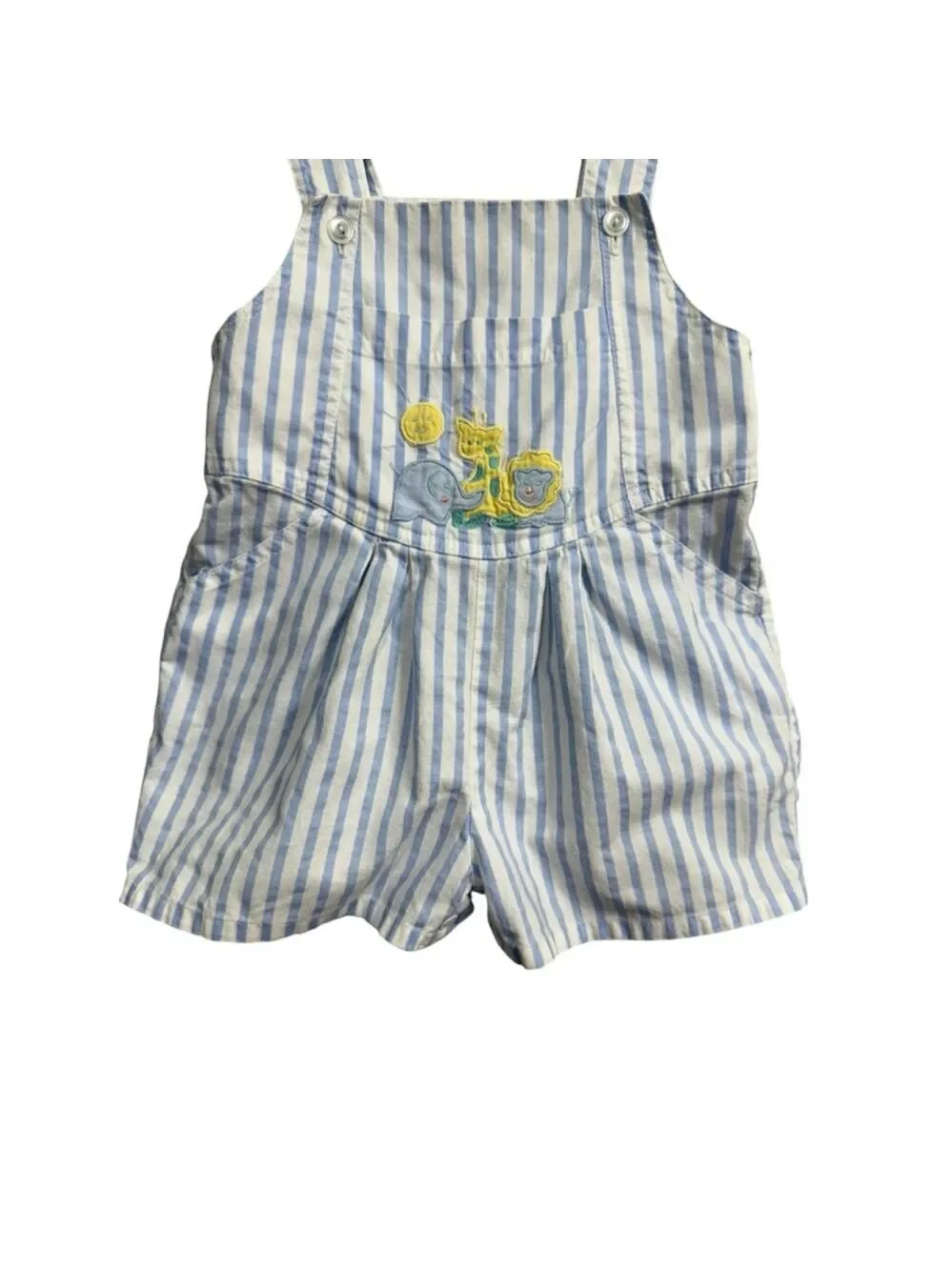 Vintage All Mine Baby Romper Blue White Stripe Overalls Embroidered Animals 6–12